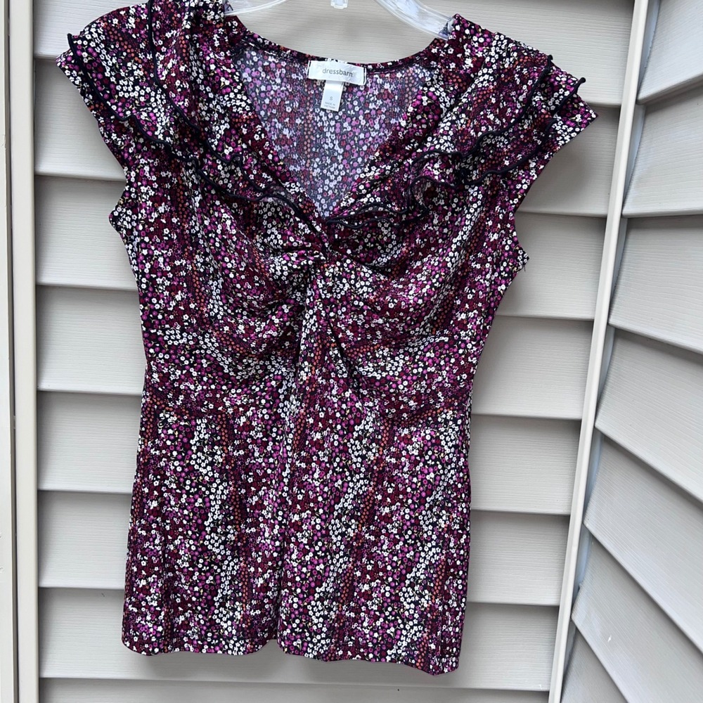 Dressbarn W Purple Floral Ruffle V-Neck Twist Front Blouse